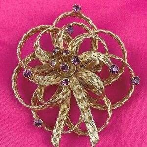 Vtg. Estate. Braided Gold Rope Bow Brooch w/ purple rhinestones.